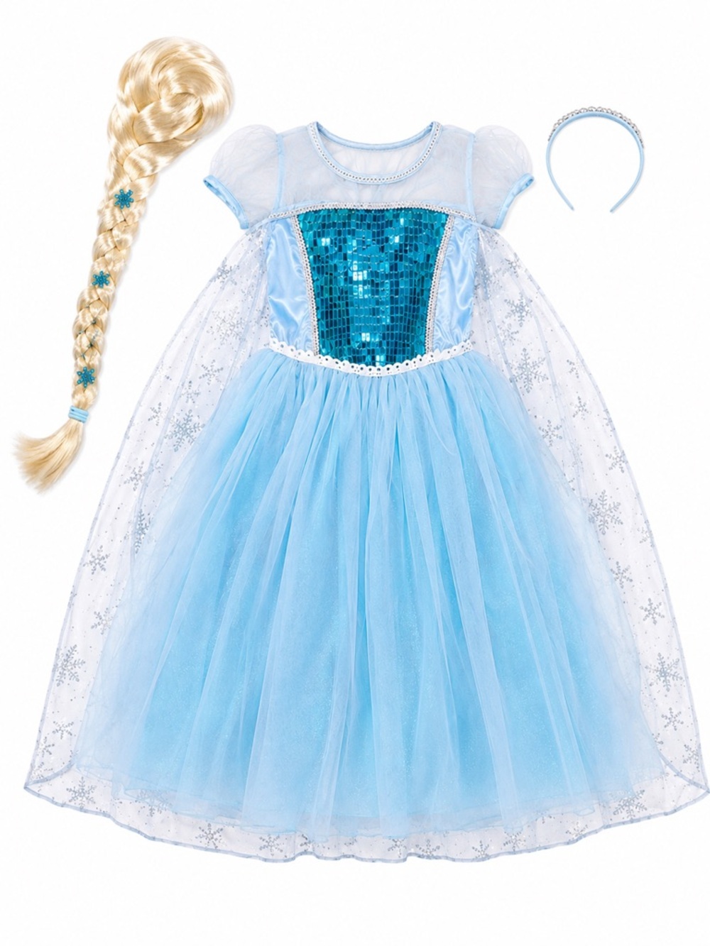 New - Blue Princess Ice Dress Kids Costume with Braided Wig and Headband